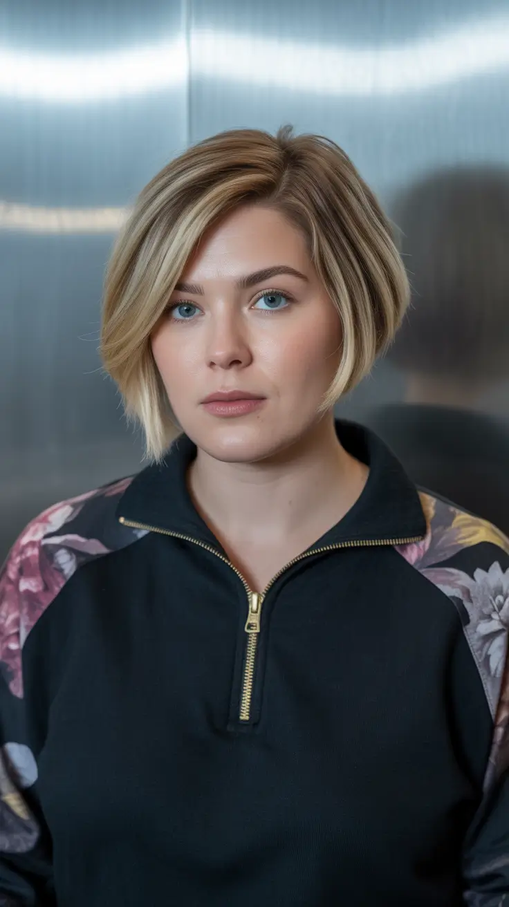 winter haircuts for round faces Asymmetrical Bob with Blonde Highlights
