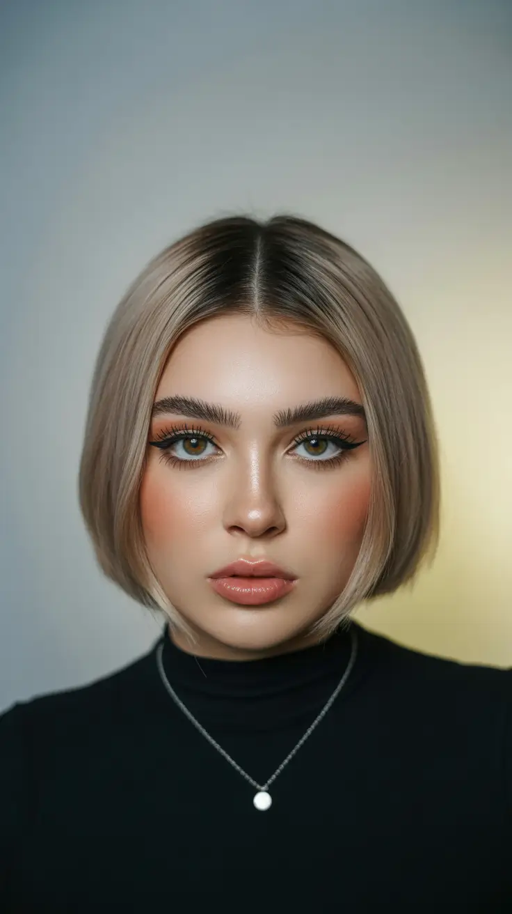 winter 2026 haircut round face Blunt Bob with Center Part