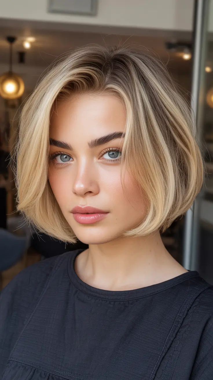 winter haircuts medium round faces Layered Blonde Bob with Volume