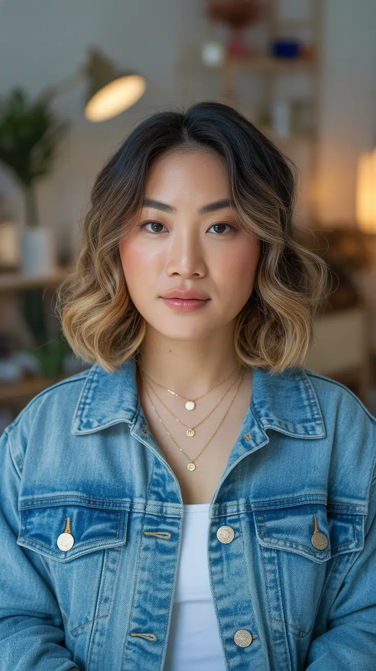 winter haircuts medium round faces Soft Wavy Lob with Subtle Ombre
