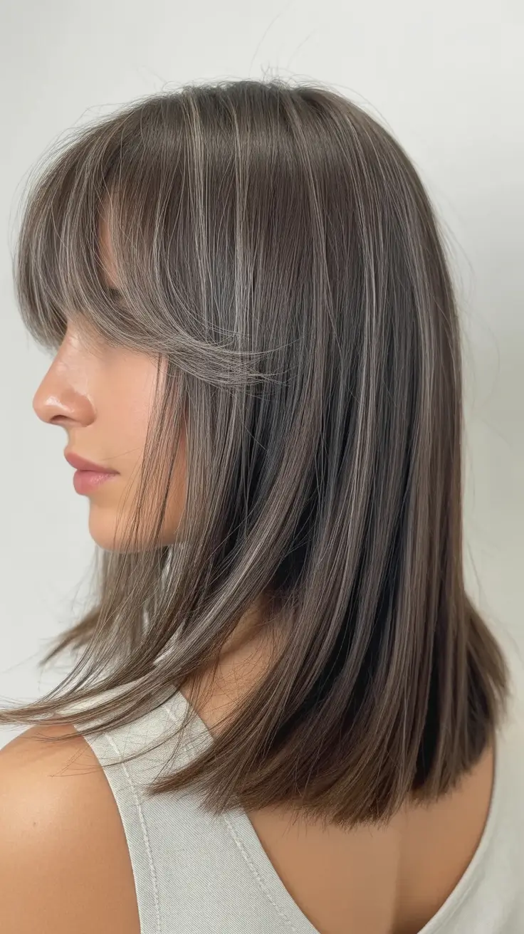 winter medium haircuts 2026 - 2025 Smoky Ash Layers with Soft Bangs
