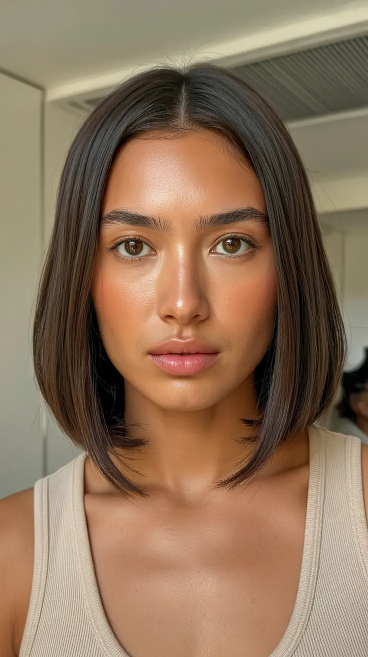 winter medium haircuts 2026 - 2025 Glossy Chestnut Bob with Minimal Layers