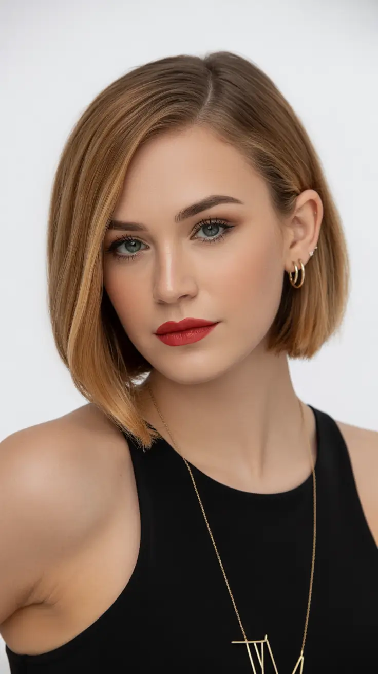 winter medium haircuts 2026 - 2025 Golden Beige Bob with Sleek Side Part