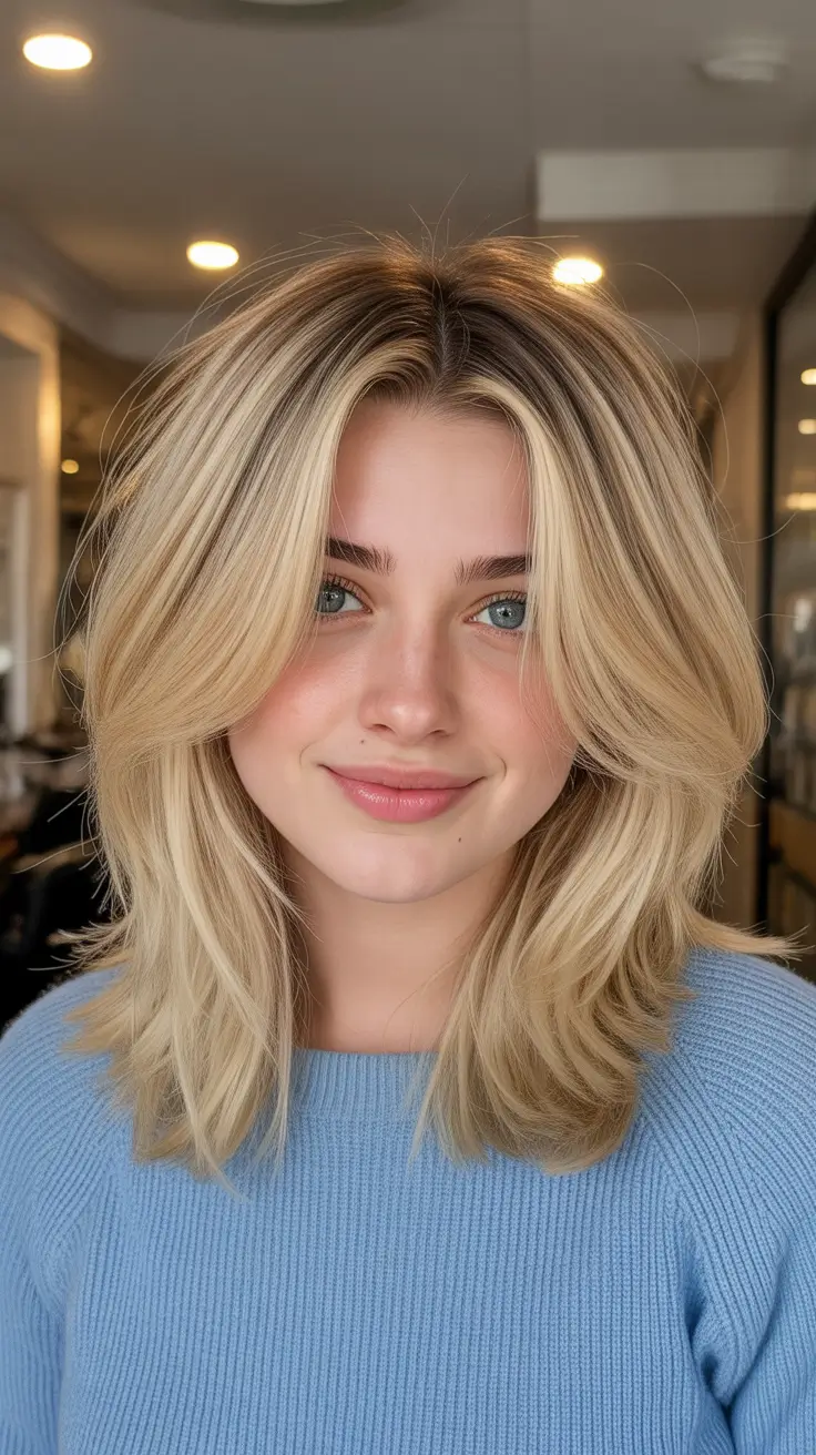 winter medium haircuts 2026 - 2025 Butter Blonde Layers with Curtain Bangs