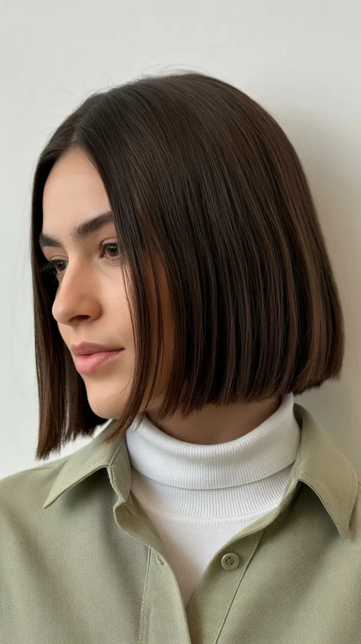winter medium haircuts 2026 - 2025 Chocolate Blunt Bob with Turtleneck Energy