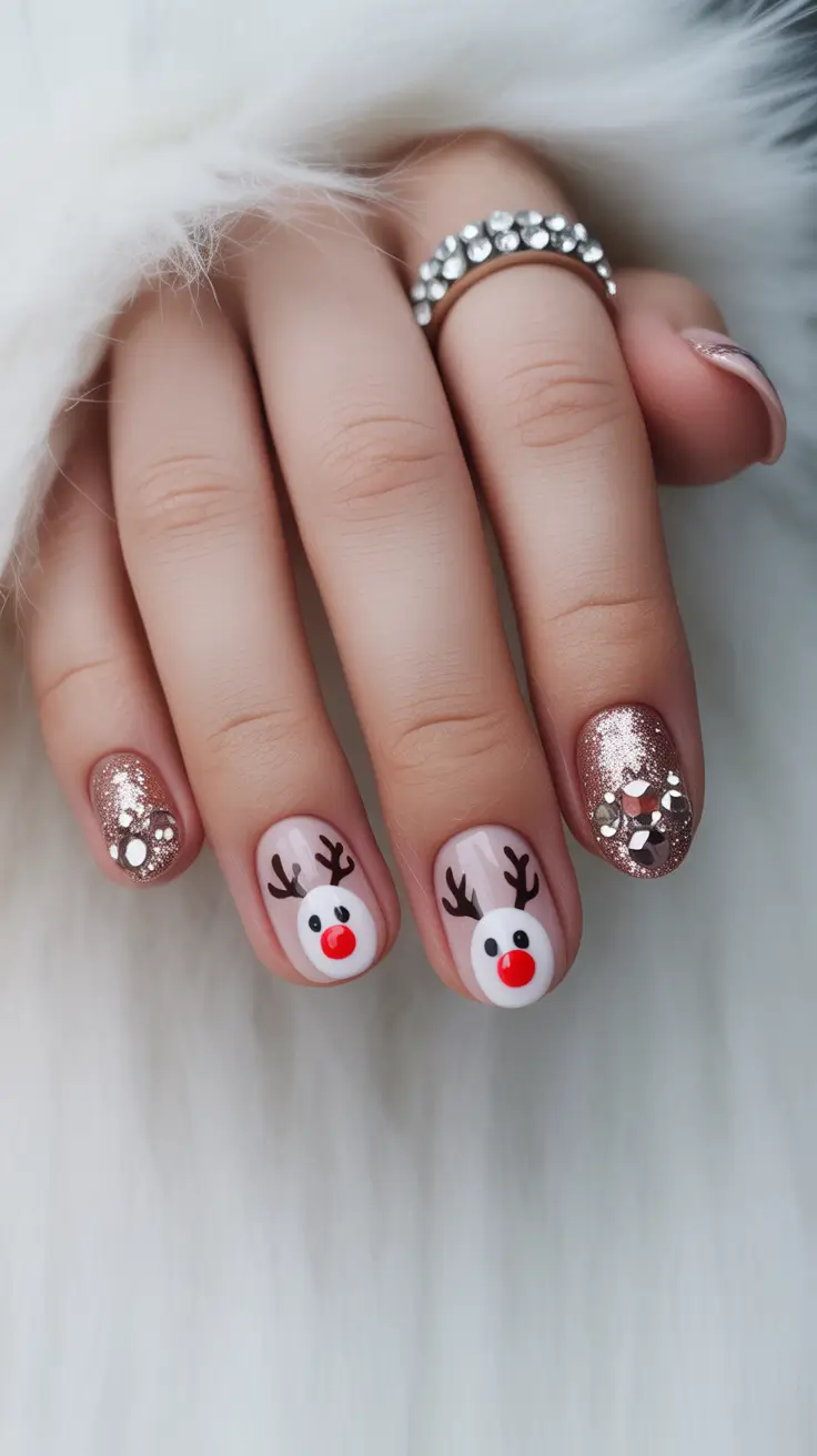 winter nails ideas red Playful Reindeer Charm