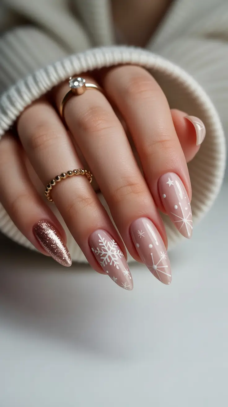 winter nails ideas pink Rose Gold Snowfall