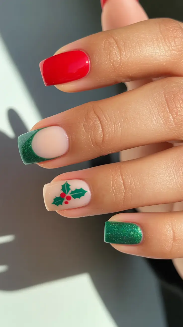 Winter 2025-2026 short nails color and design Classic Holly Red and Green Charm