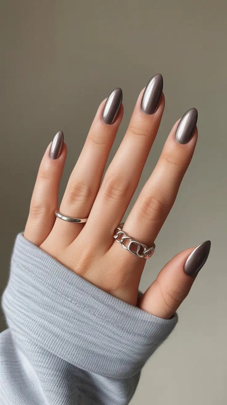Winter 2025-2026 short nails color and design Metallic Almond Mirage