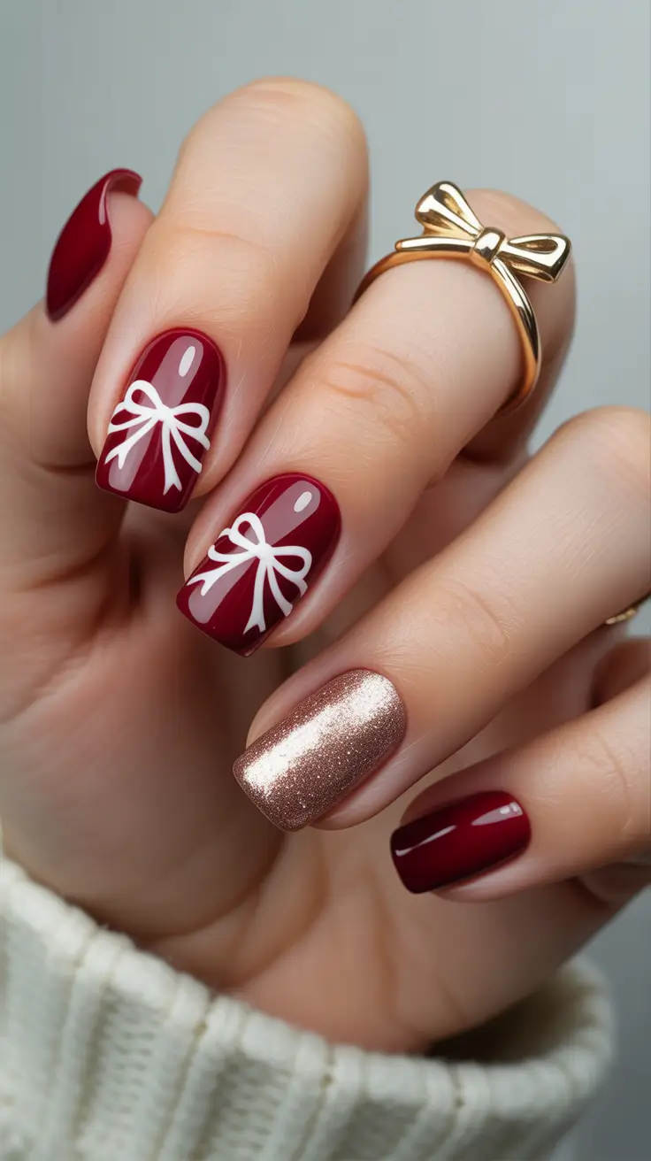 Winter 2025-2026 short nails color and design Crimson Gift Wrap Glam