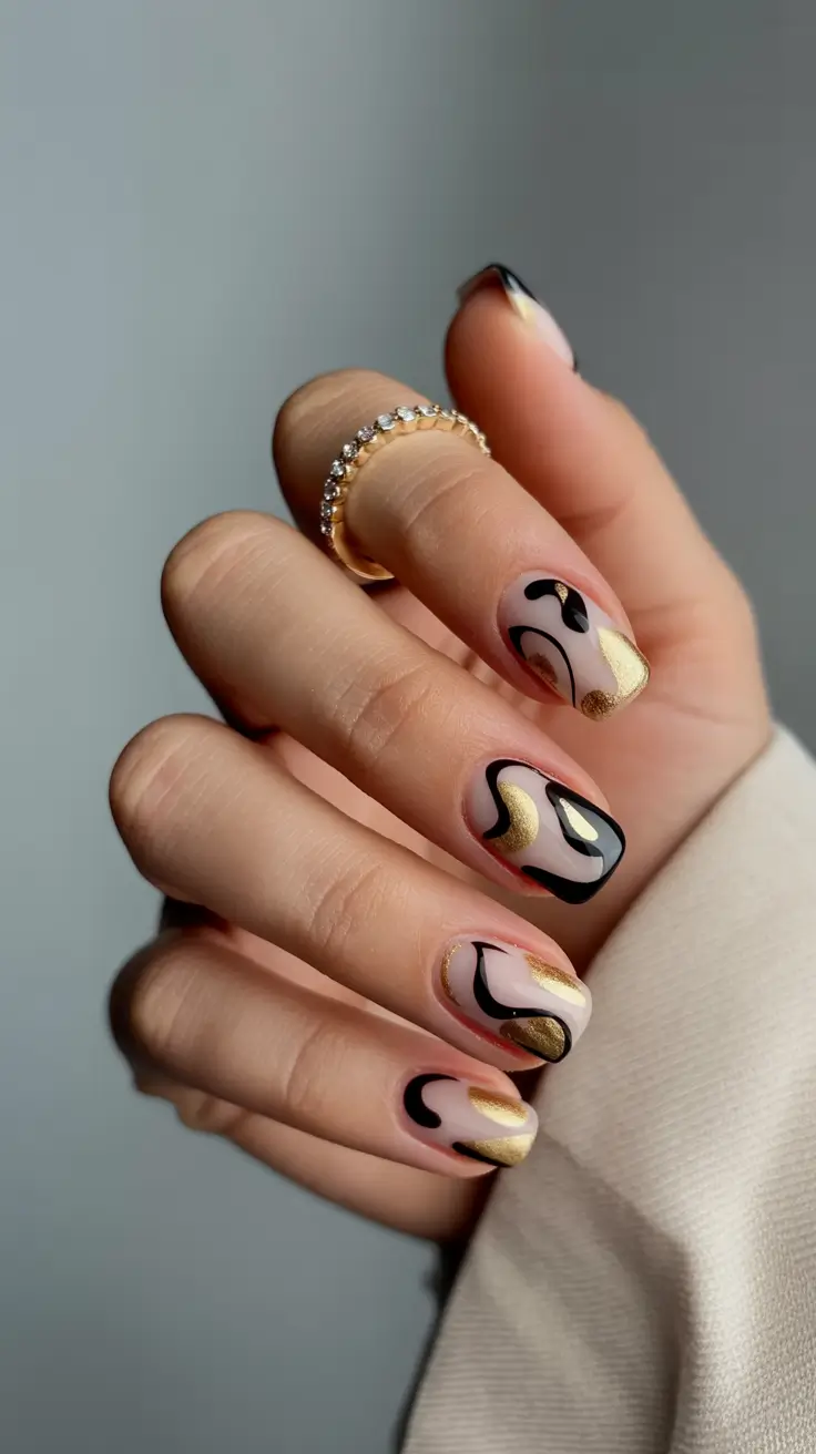 Winter 2025-2026 short nails color and design Golden Swirl Minimalism