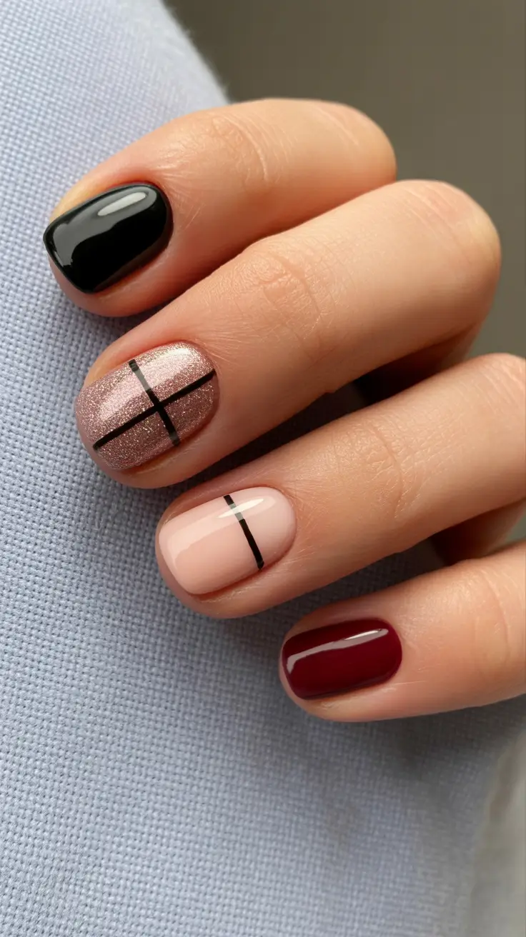 Winter 2025-2026 short nails color and design Modern Winter Grid