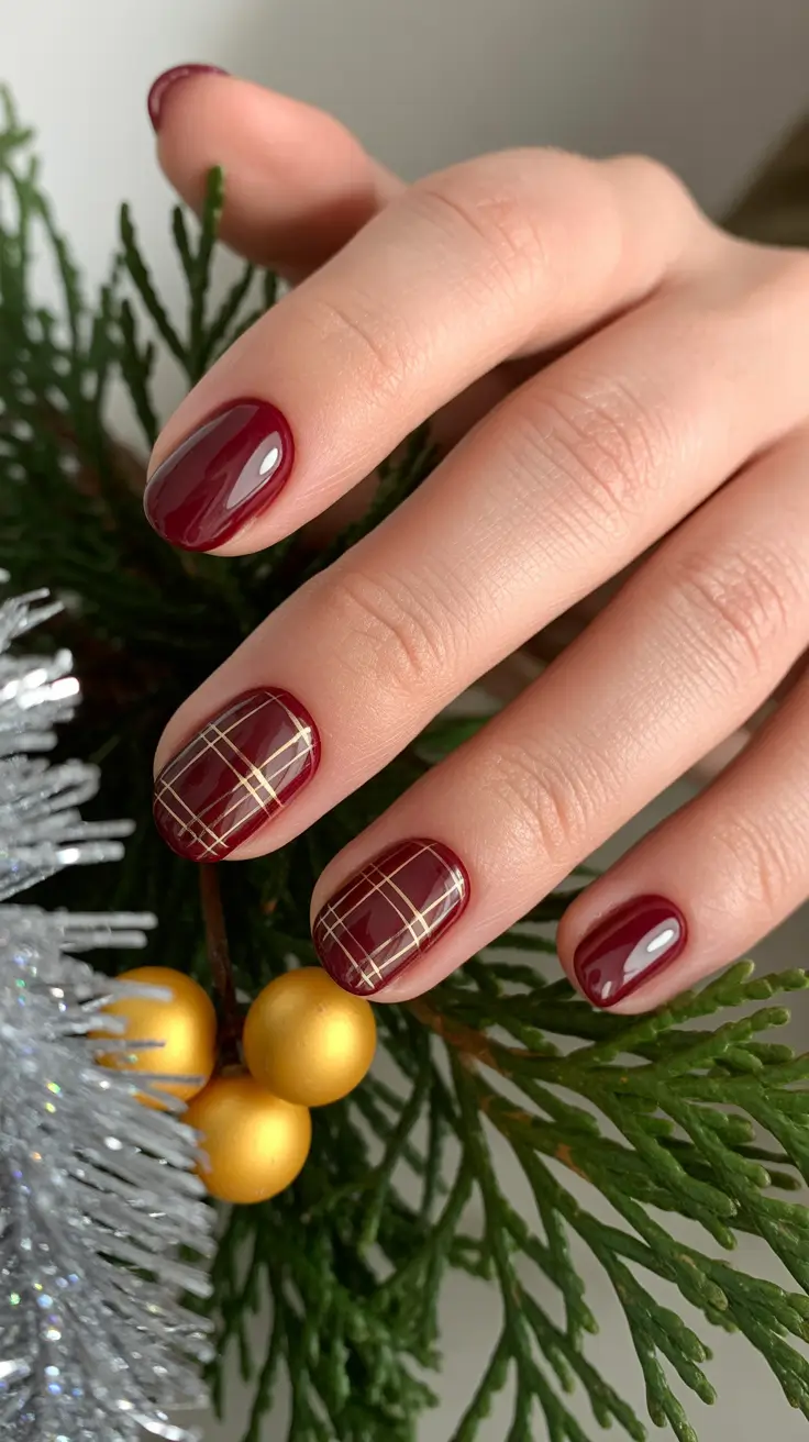 Winter 2025-2026 short nails color and design Burgundy Plaid Chic