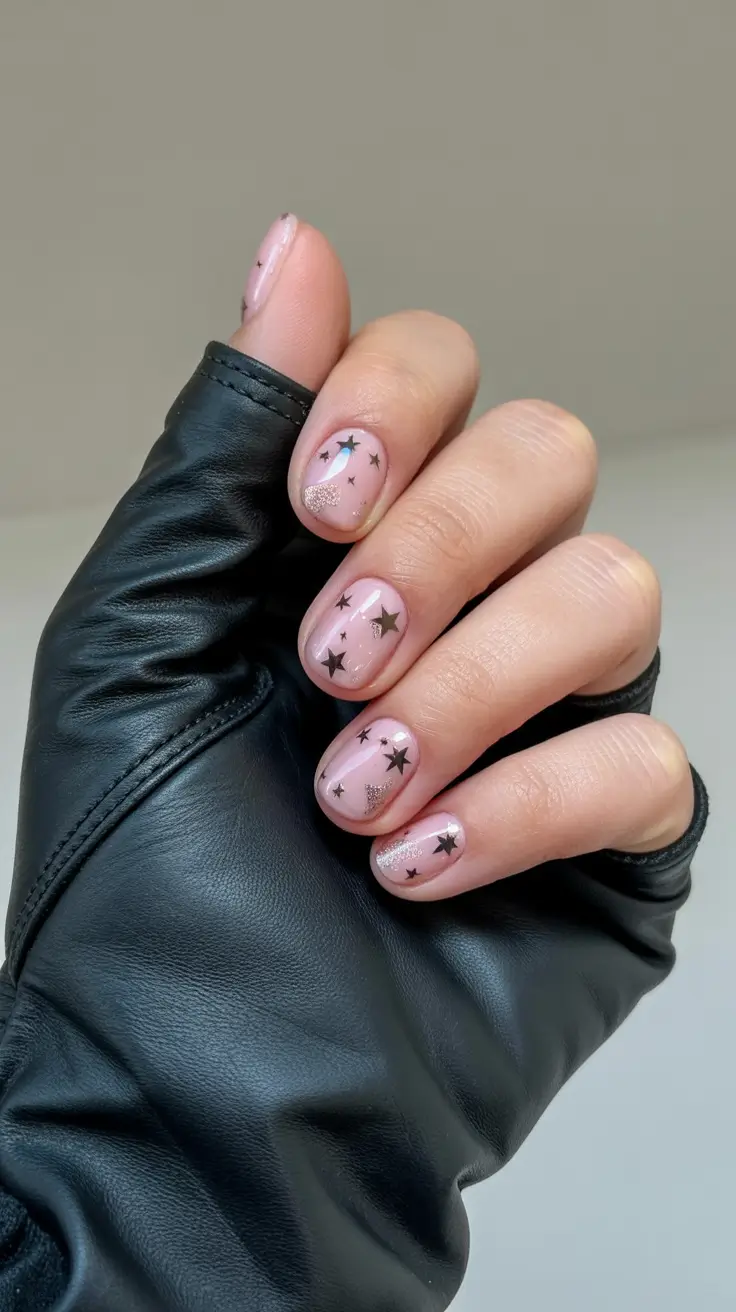 Winter 2025-2026 short nails color and design Starry Nude Sparkle