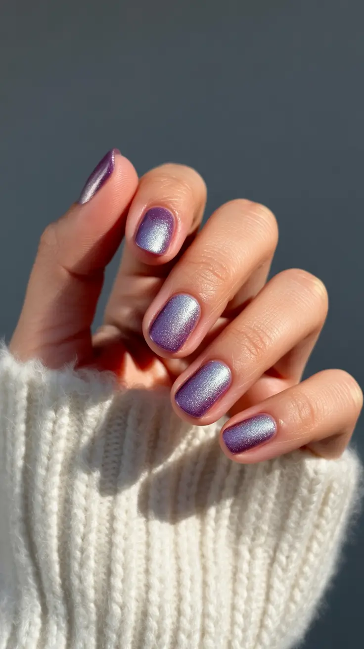 Winter 2025-2026 short nails color and design Frosted Amethyst Glow