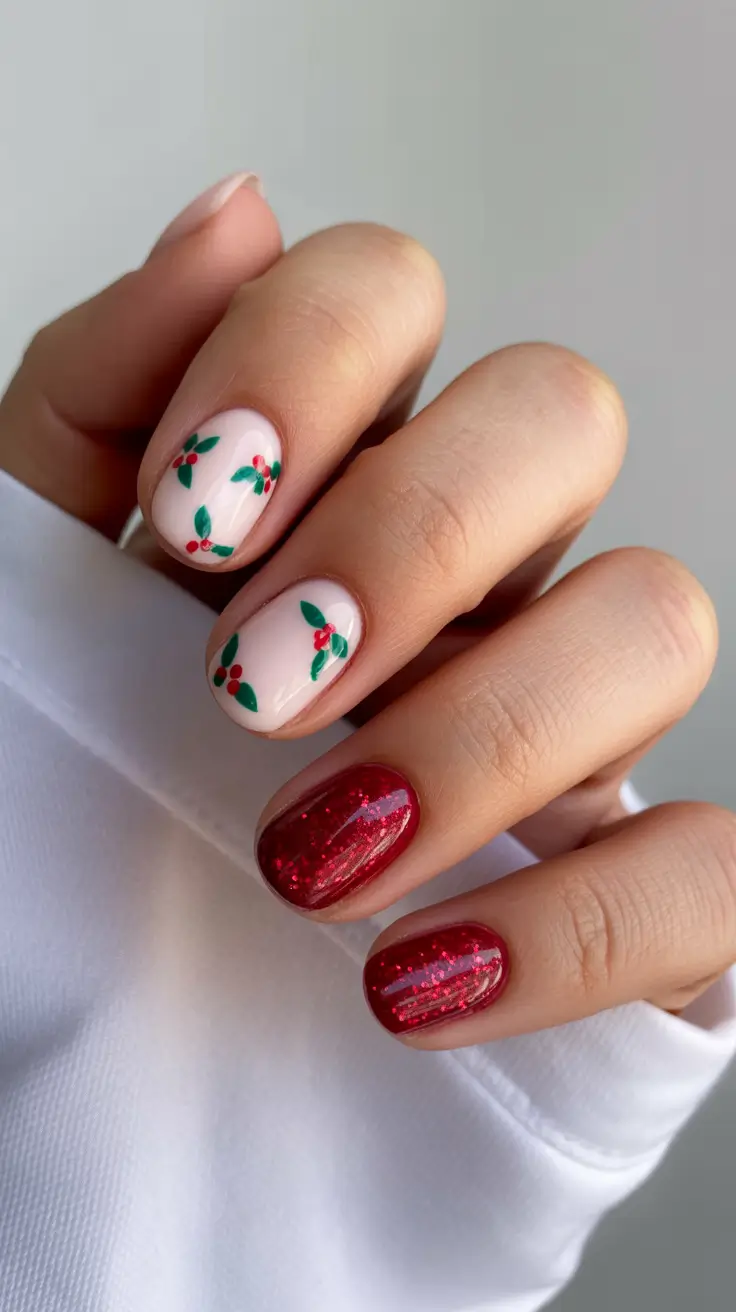 Winter 2025-2026 short nails color and design Christmas Berries Charm