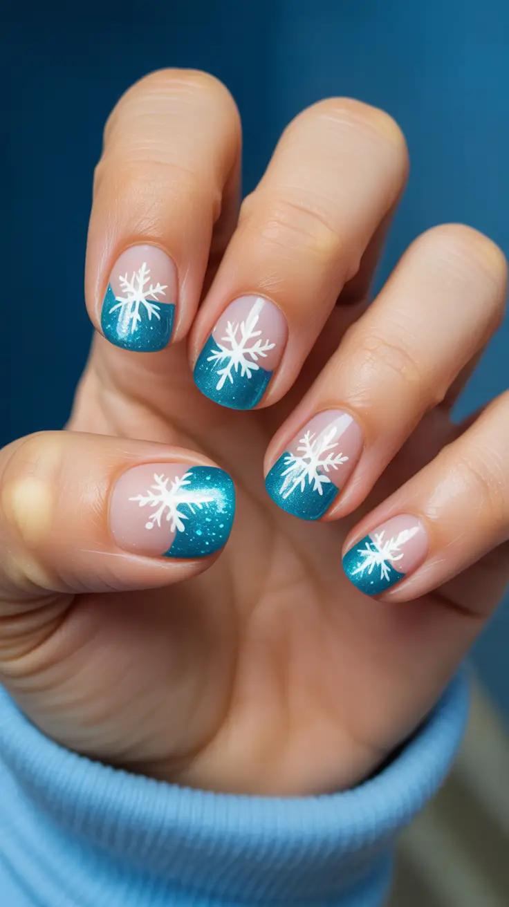 Winter 2025-2026 short nails color and design Blue Frost French