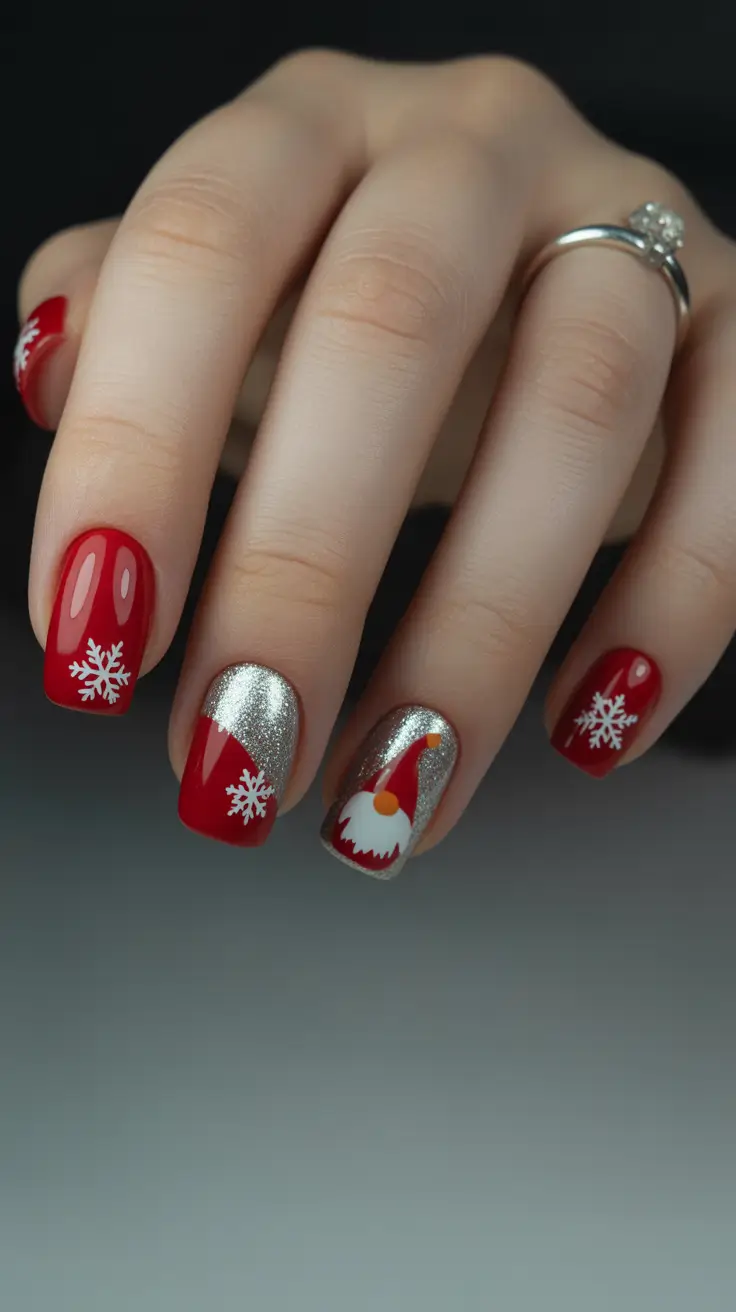 Winter 2025-2026 short nails color and design Santa Red with Silver Magic