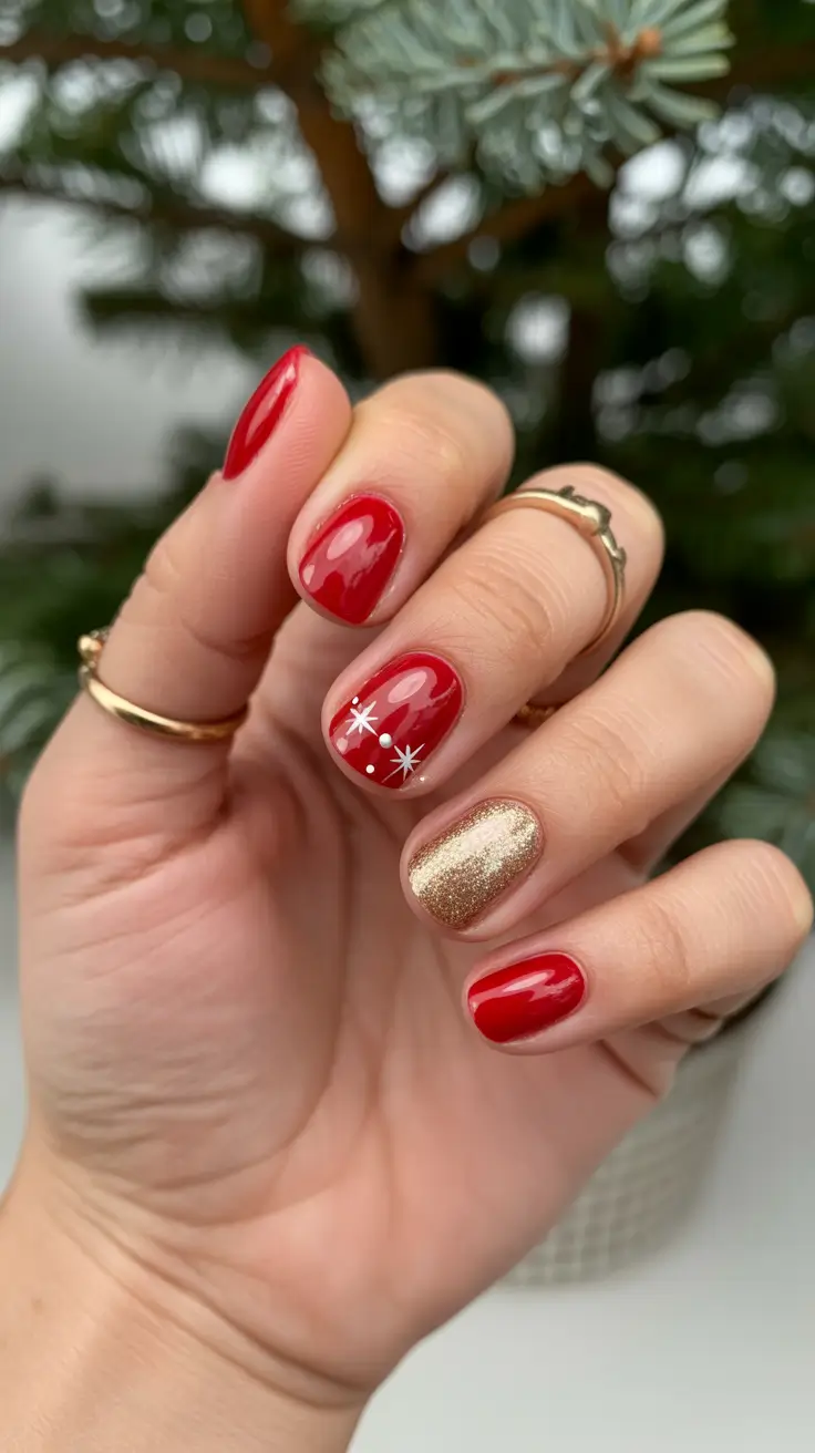 Winter 2025-2026 short nails color and design Golden Red Elegance
