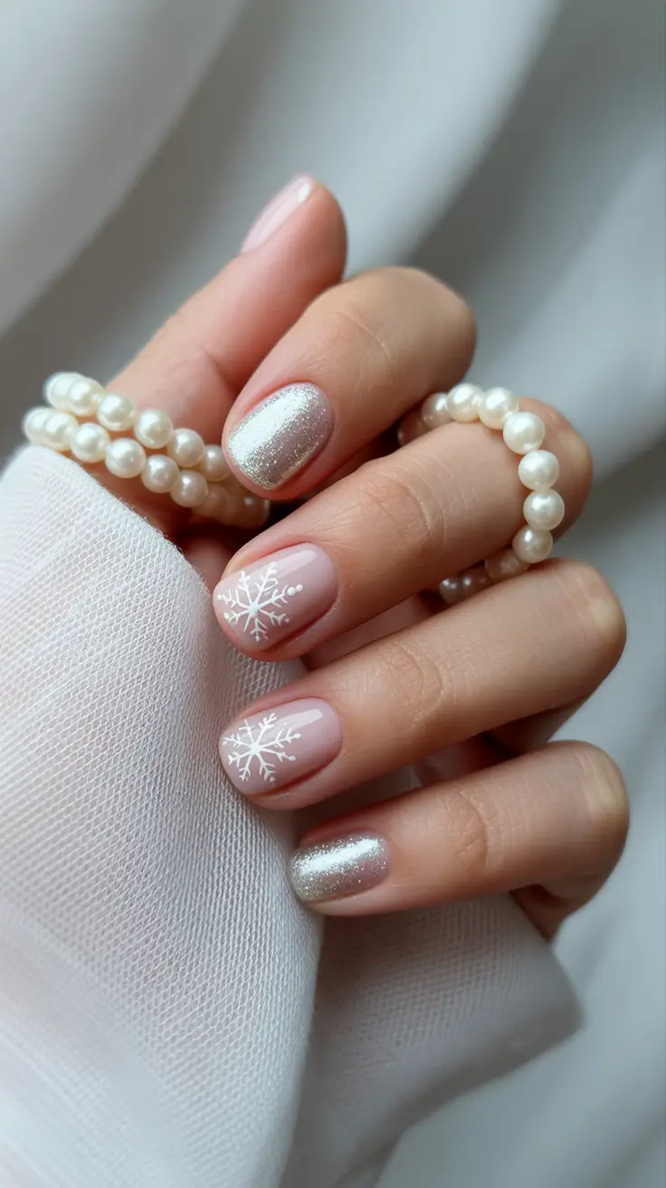 Winter 2025-2026 short nails color and design Soft Snowflake Elegance