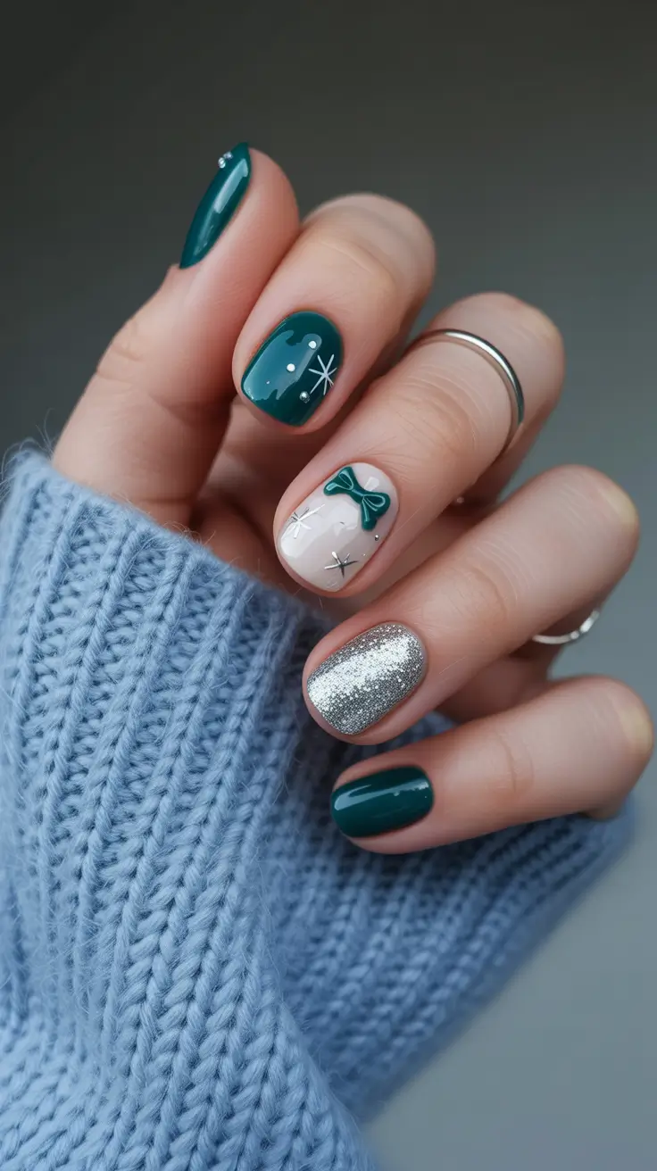 Winter 2025-2026 short nails color and design Emerald Gift Glow