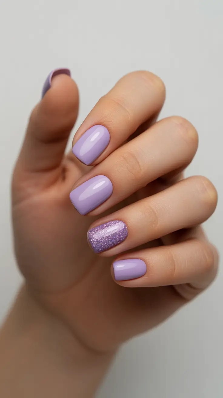 Winter 2025-2026 short nails color and design Frosted Lilac Shine
