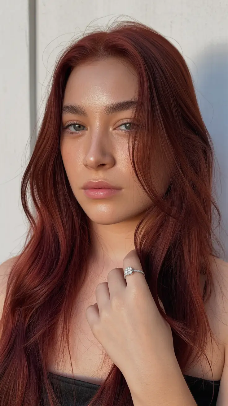 Crimson Ember Glow trending hair color for winter 2026