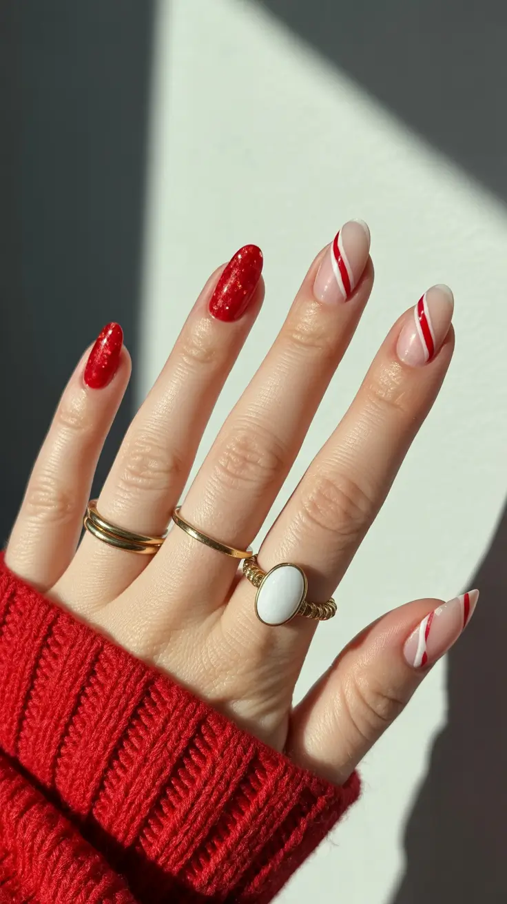 winter almond nails ideas 2025 Classic Red and Candy Swirls