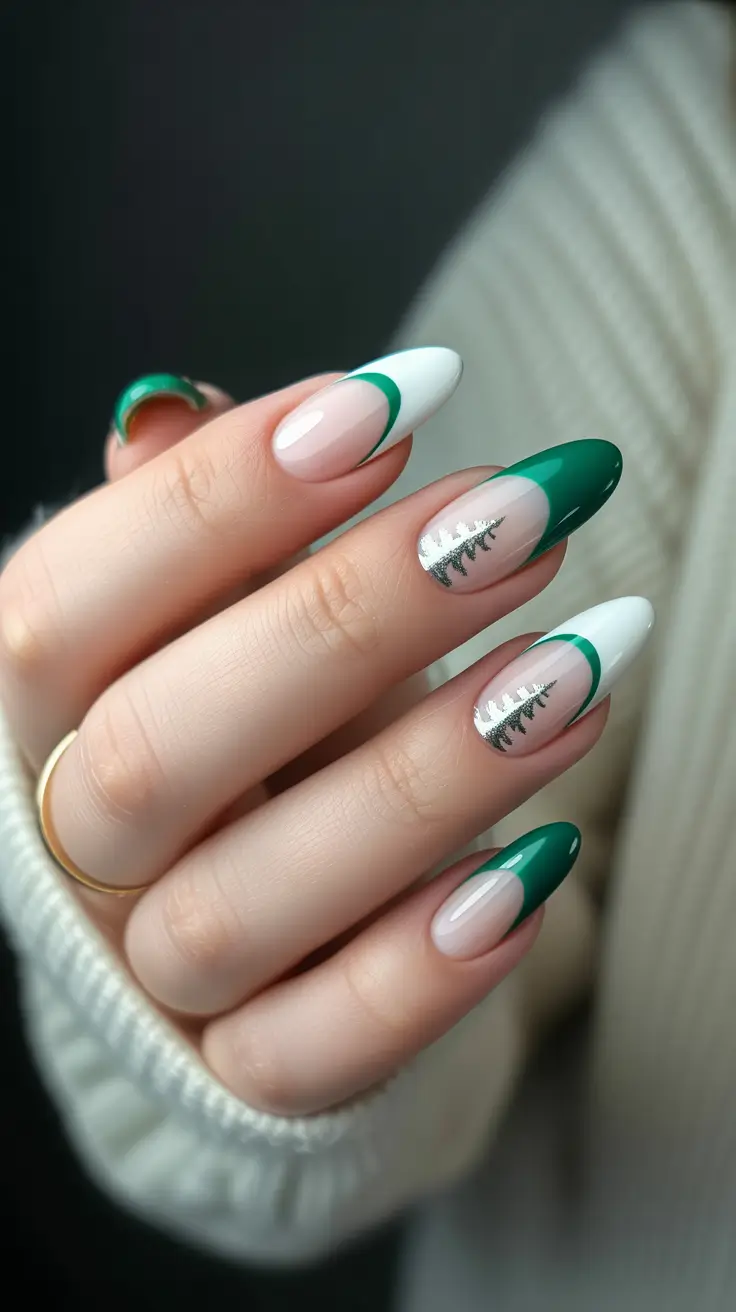 winter almond nails ideas 2025 Emerald and White Chic