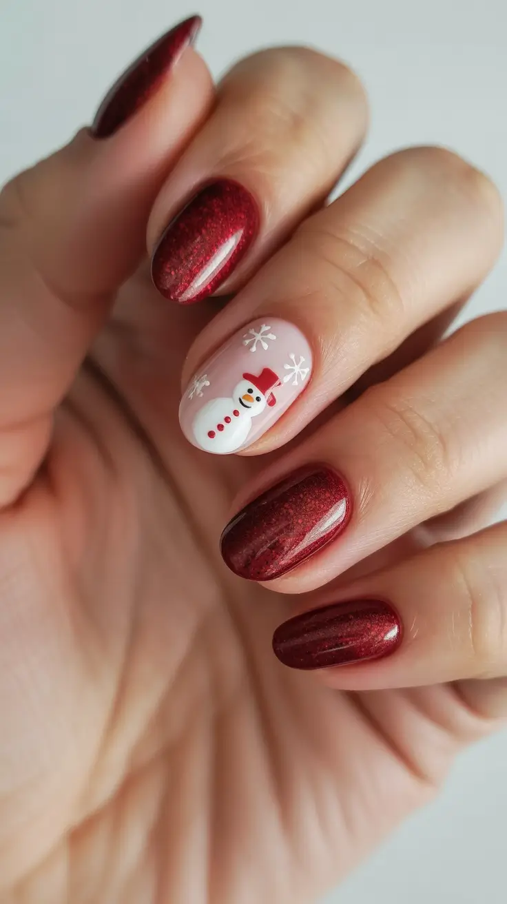 winter almond nails ideas 2025 Crimson Snowman Magic