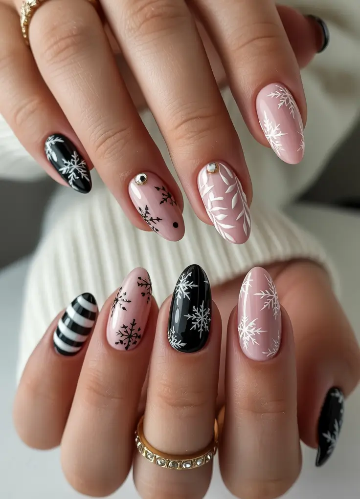 winter almond nails ideas 2025 Monochrome Winter Wonderland
