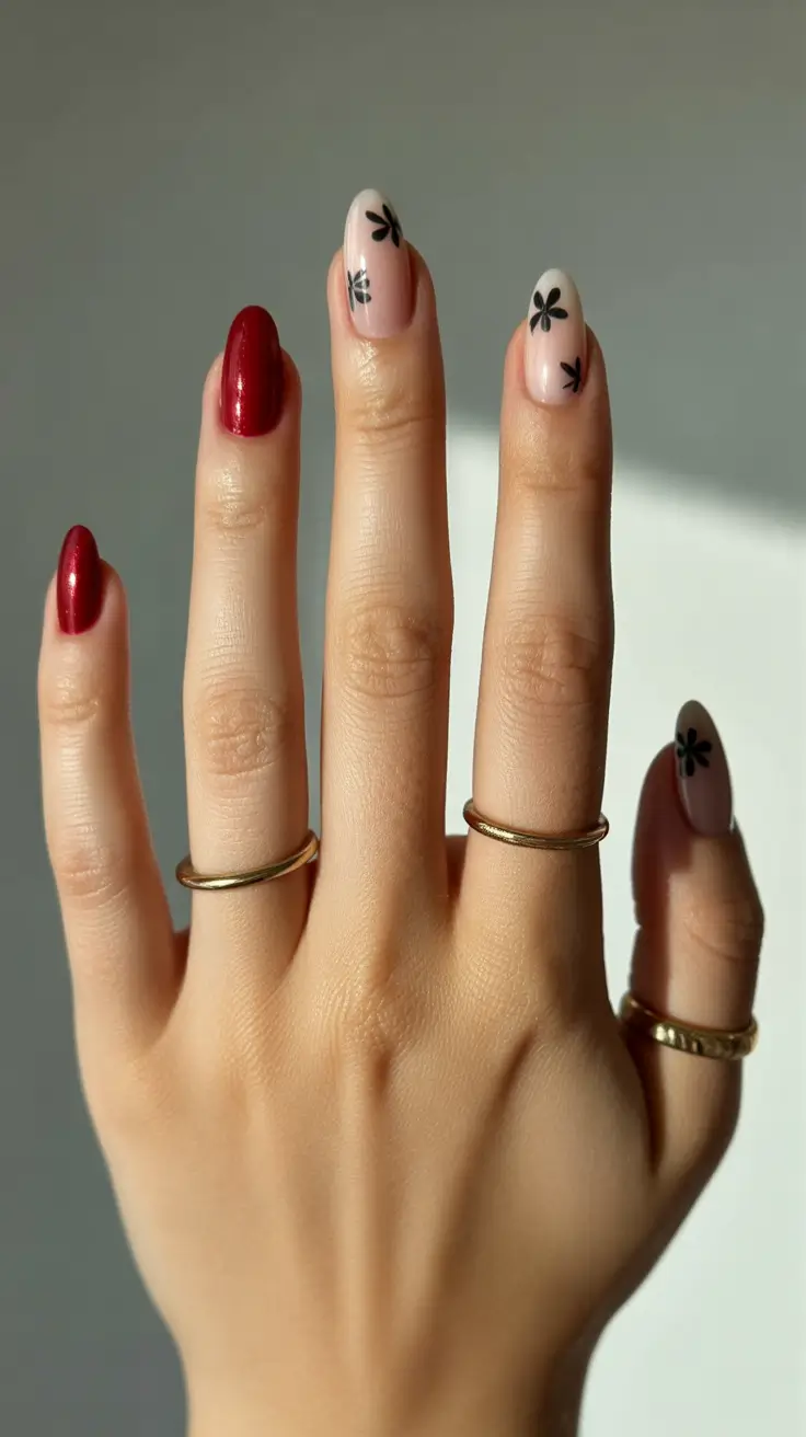 winter almond nails ideas 2025 Minimal Red and Noir Blossoms