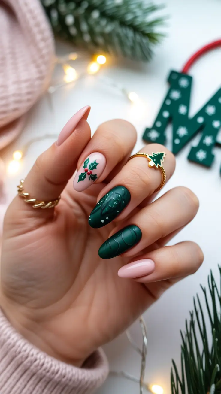 winter almond nails ideas 2025 Matte Pine and Holly Mix