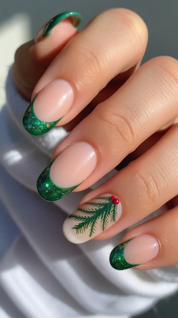 winter almond nails ideas 2025 Evergreen Sparkle French