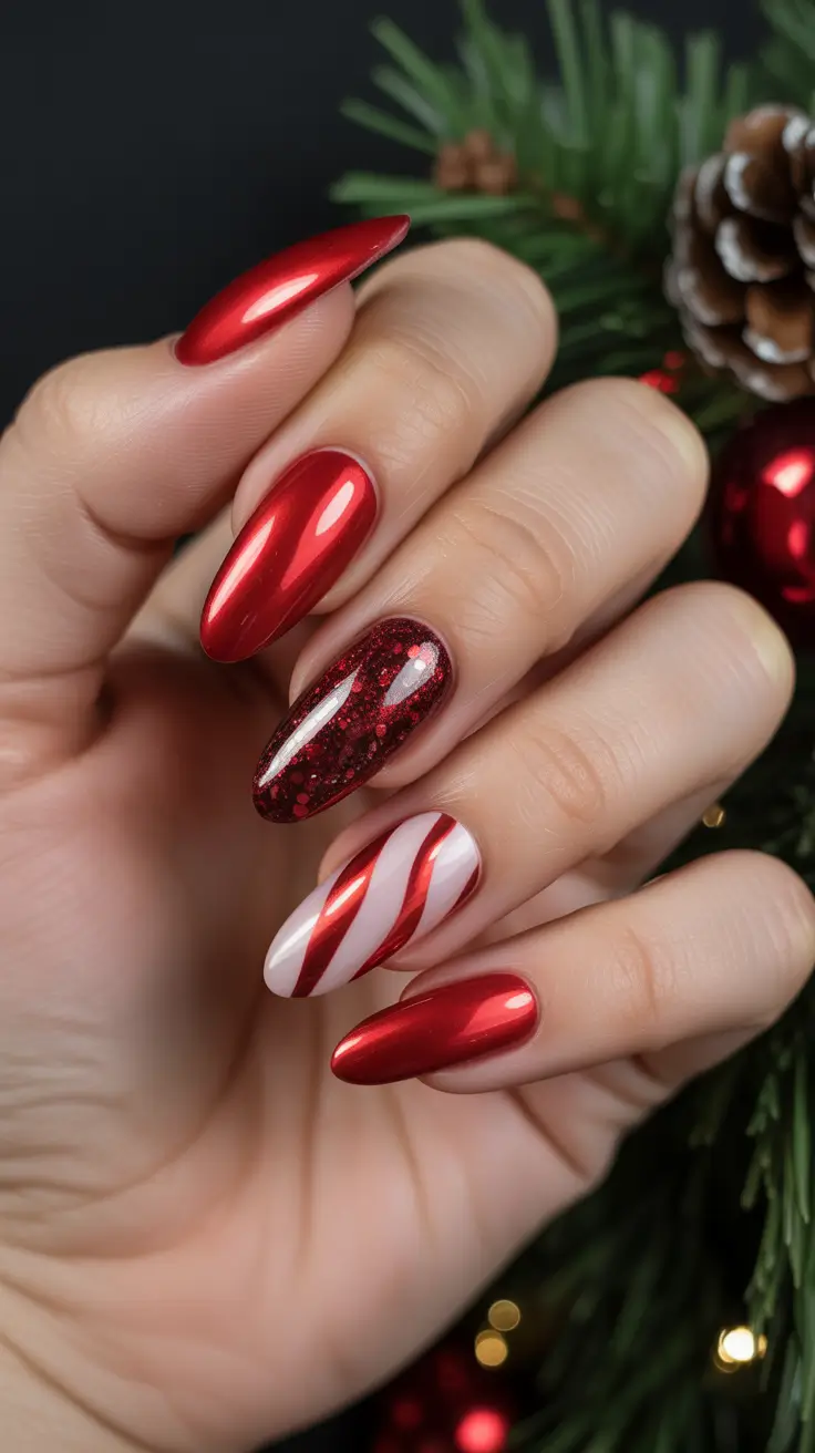 winter almond nails ideas 2025 Candy Cane Chrome