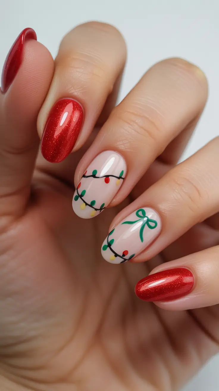 winter almond nails ideas 2025 Festive Lights and Scarlet Glow