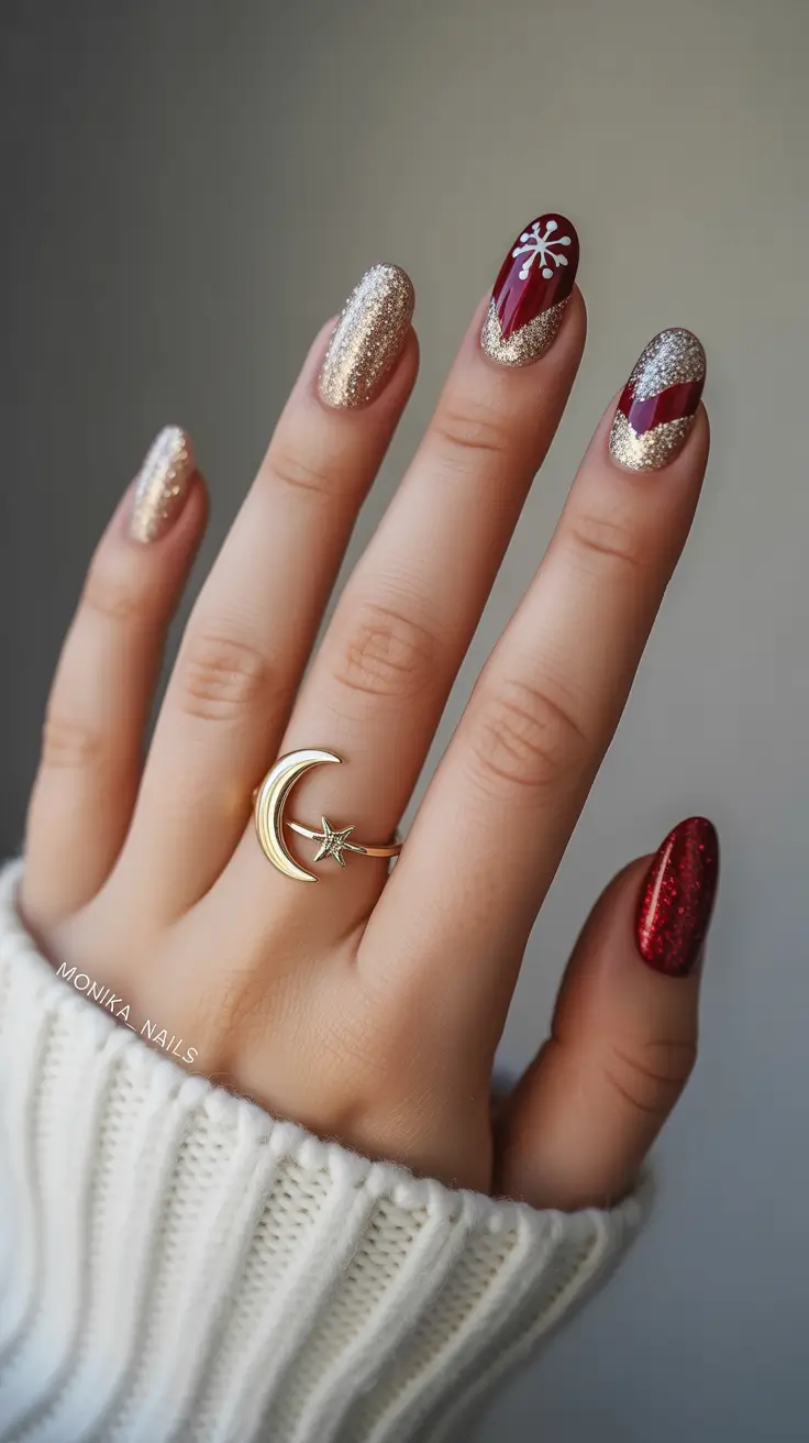 winter almond nails ideas 2025 Golden Frost and Cranberry Glam