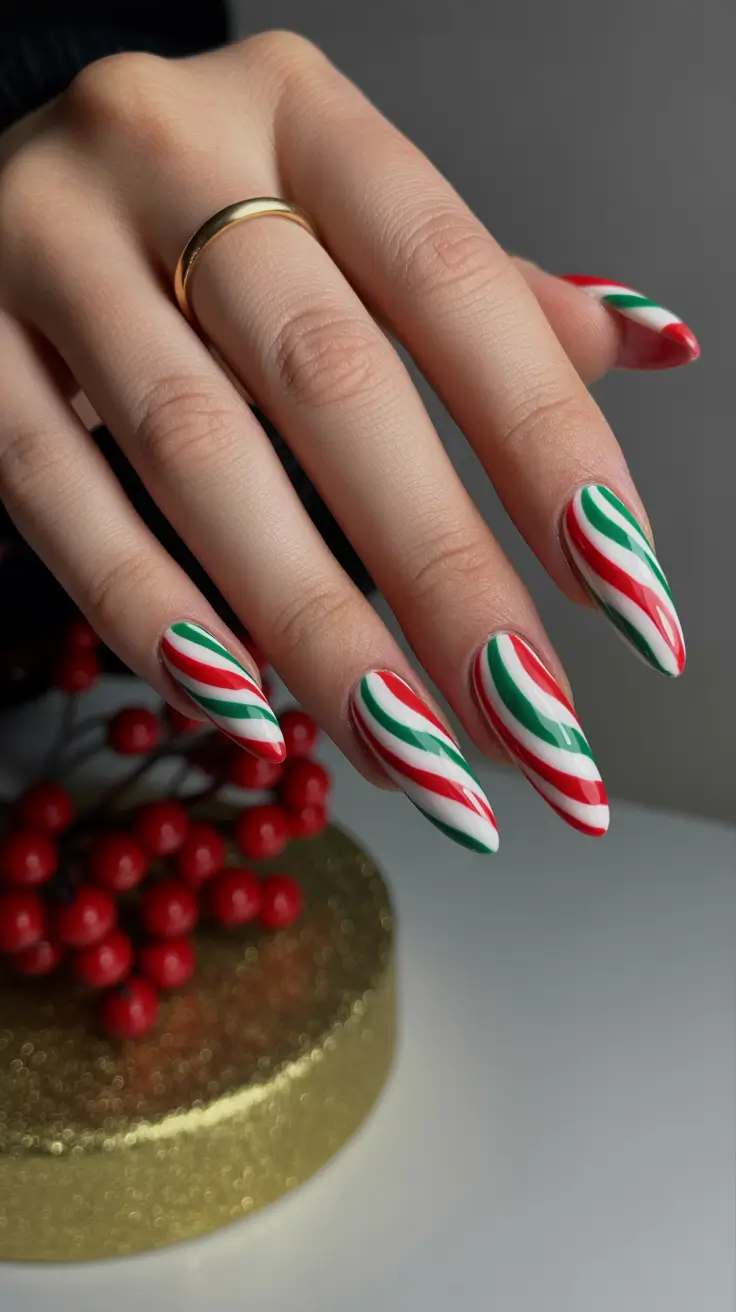 winter almond nails ideas 2025 Festive Candy Cane Lines