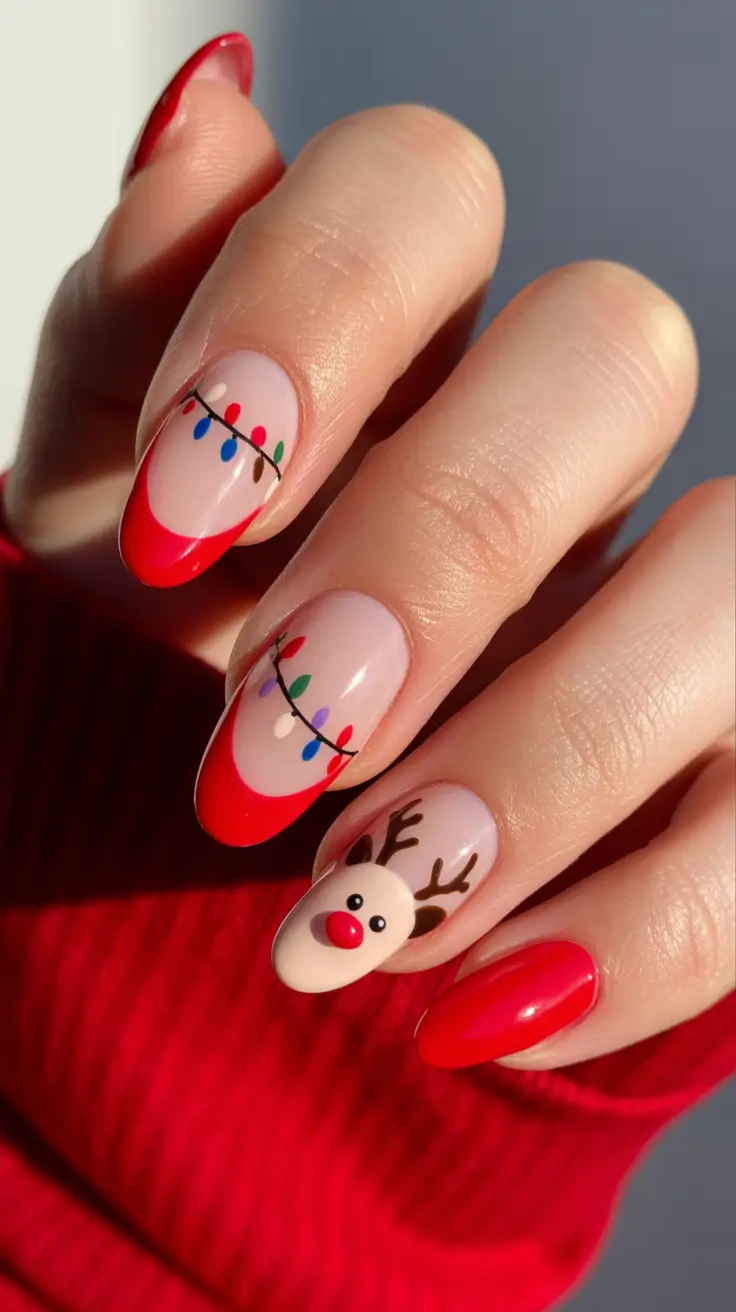 winter almond nails ideas 2025 Red French with Reindeer Charm