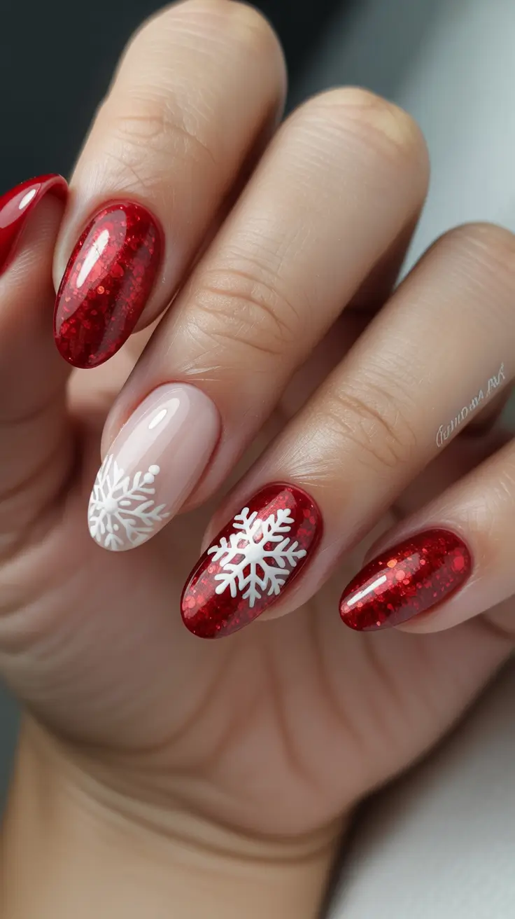 winter almond nails ideas 2025 Snowflake Sparkle Elegance