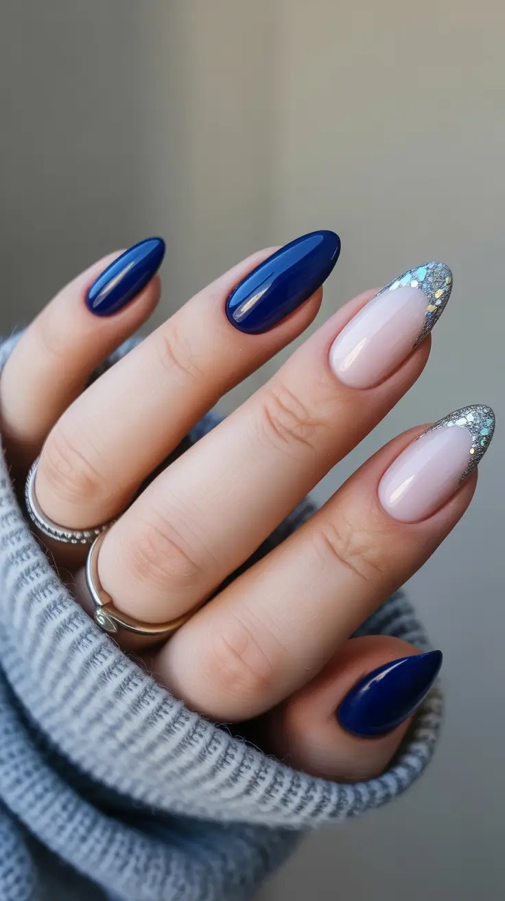 winter almond nails ideas 2025 Midnight Blue Frost