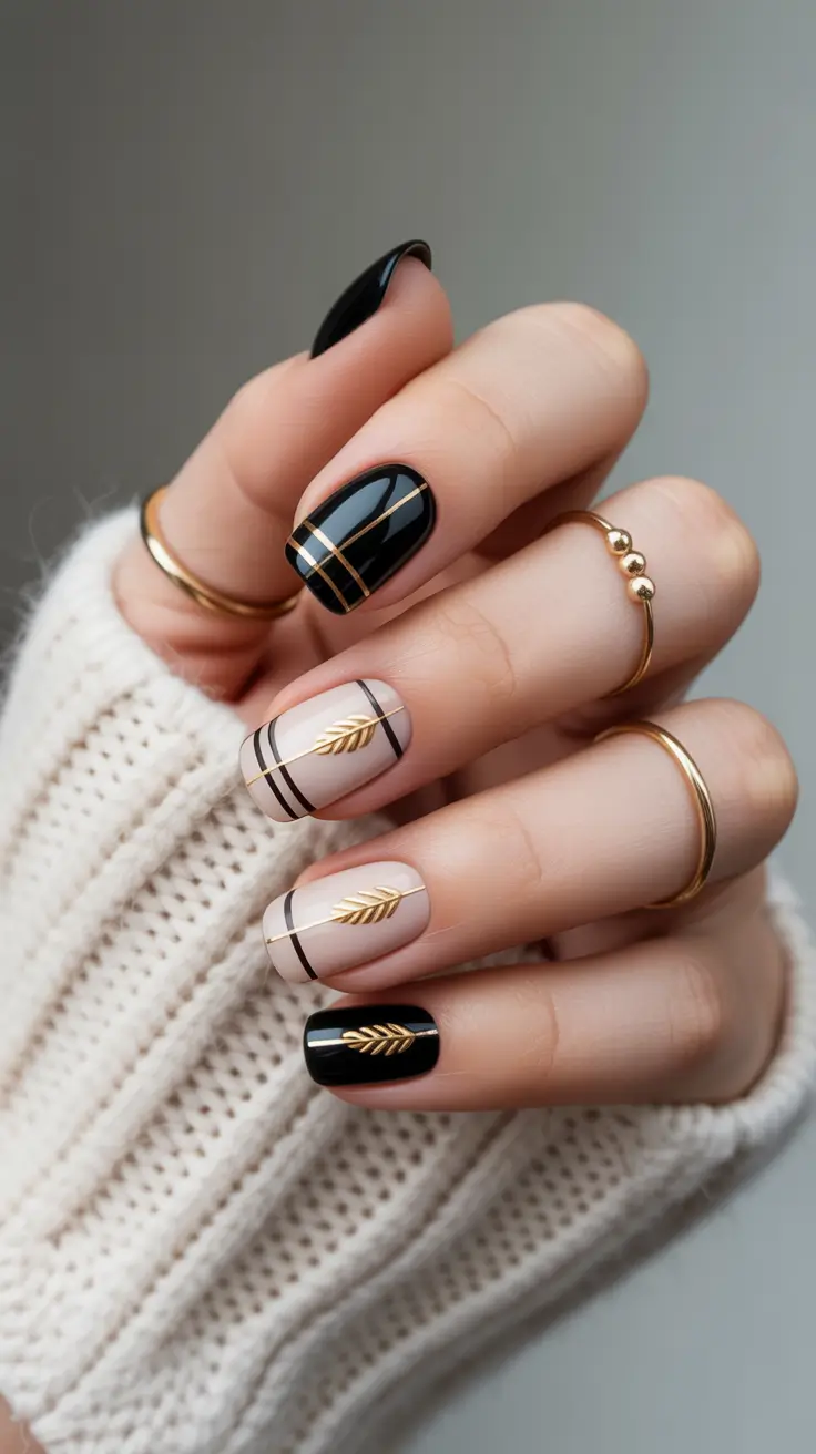 winter gel nails ideas 2025–2026 Golden Geometry