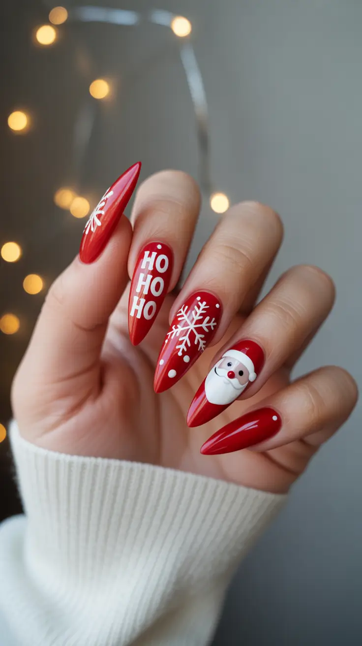 winter gel nails ideas 2025–2026 Santa’s Red Glam