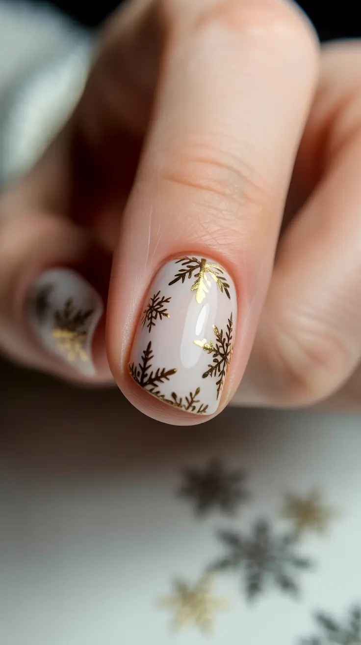 winter gel nails ideas 2025–2026 Golden Snowflakes