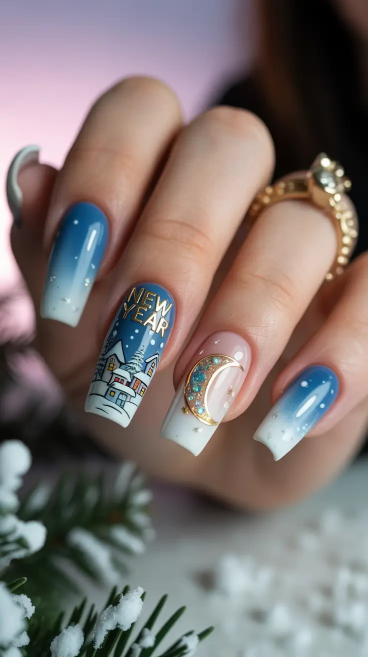 winter gel nails ideas 2025–2026 New Year Night Sky