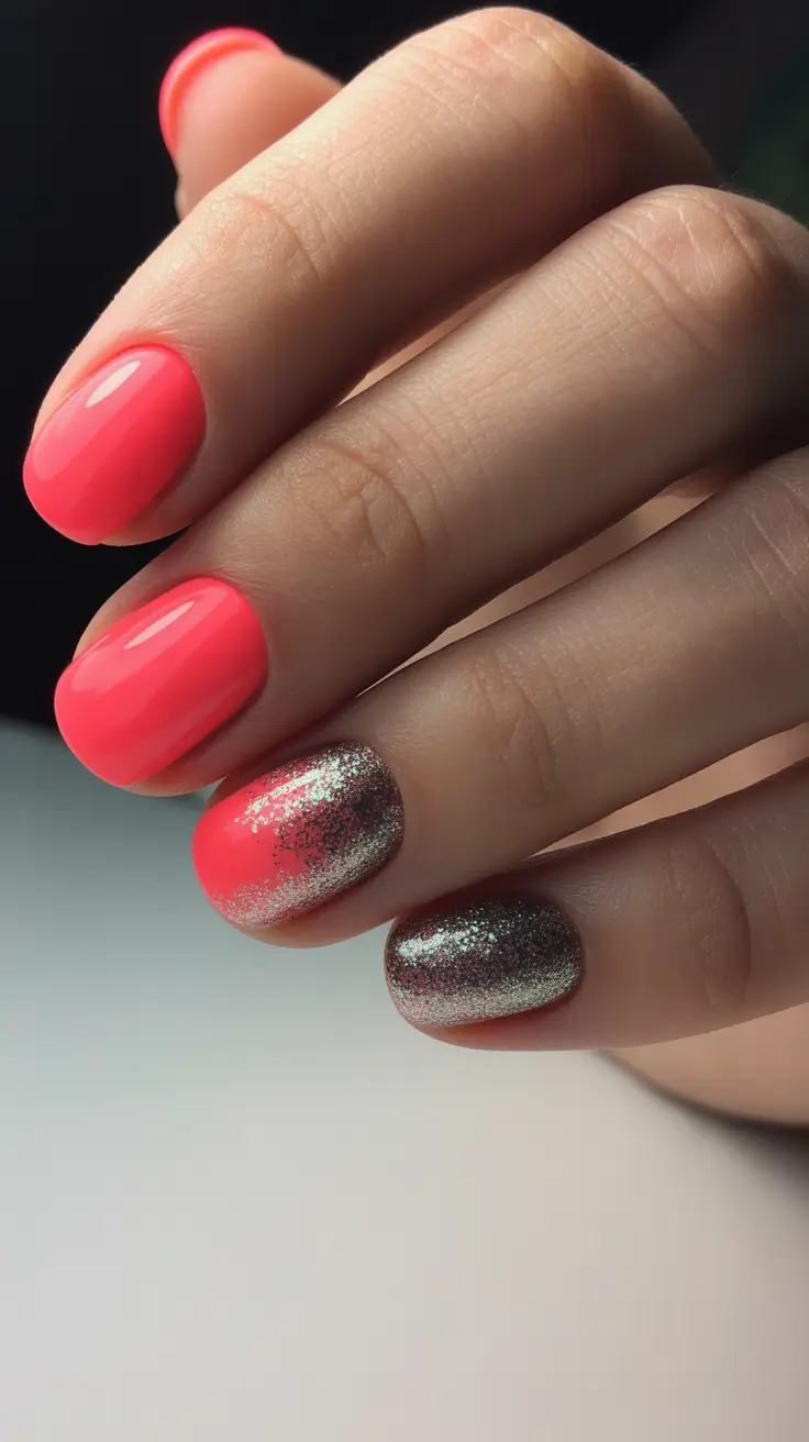 winter gel nails ideas 2025–2026 Frosted Coral Spark