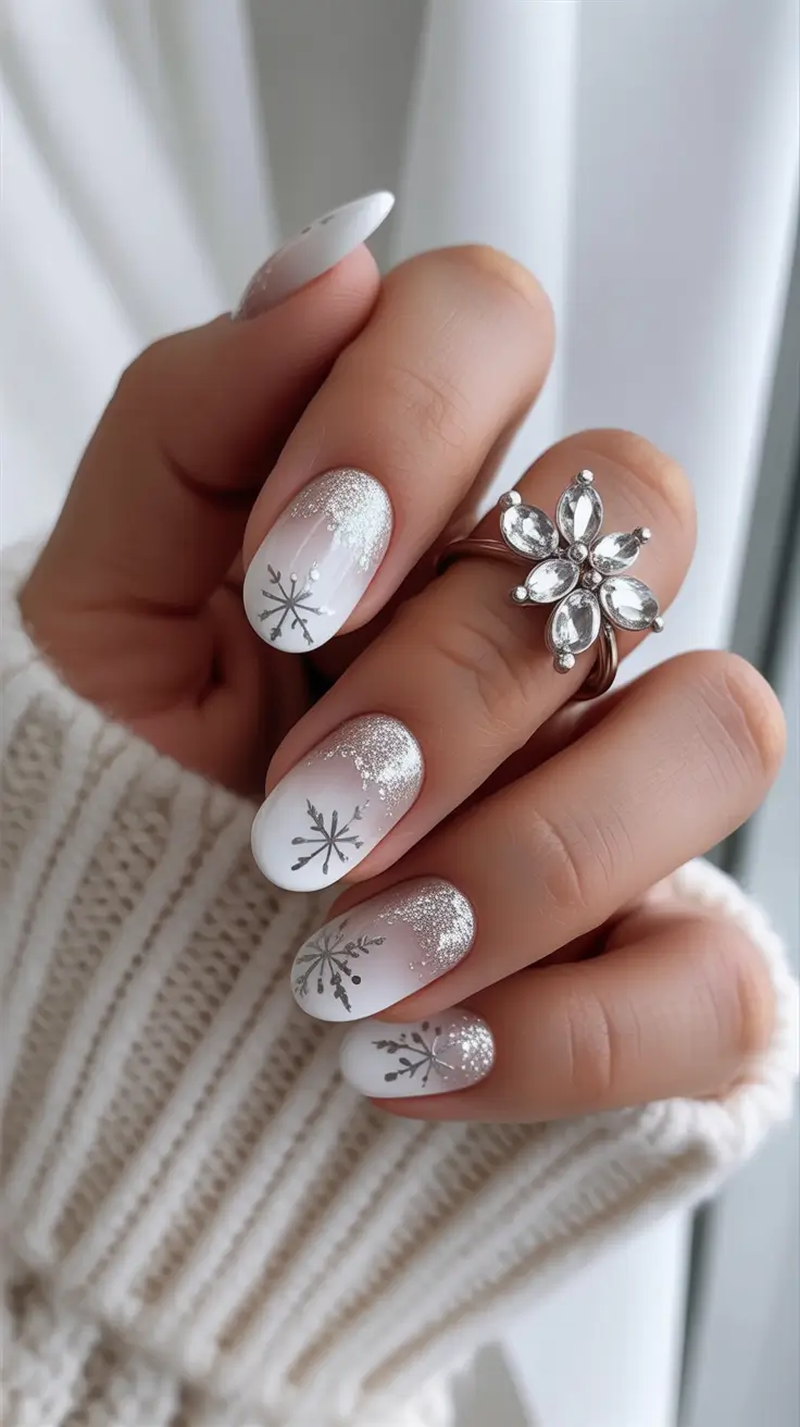 winter gel nails ideas 2025–2026 Snowflake Whisper