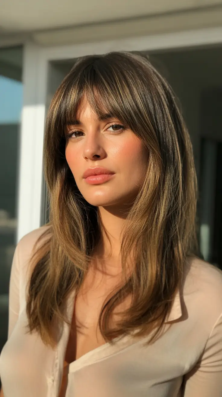 Winter hair colors 2025 2026 for brown hair Soft Brunette with Curtain Bangs