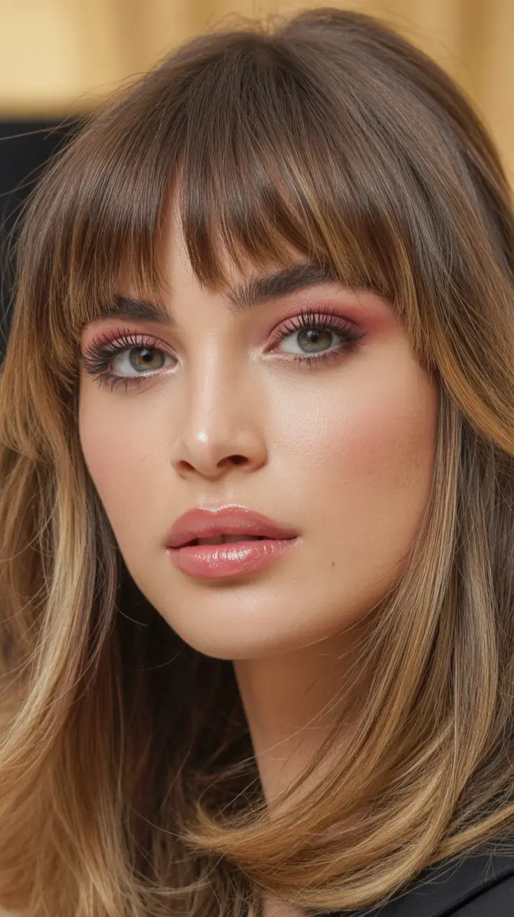 Winter hair colors 2025 2026 for brown hair Golden Mocha with Baby Bangs