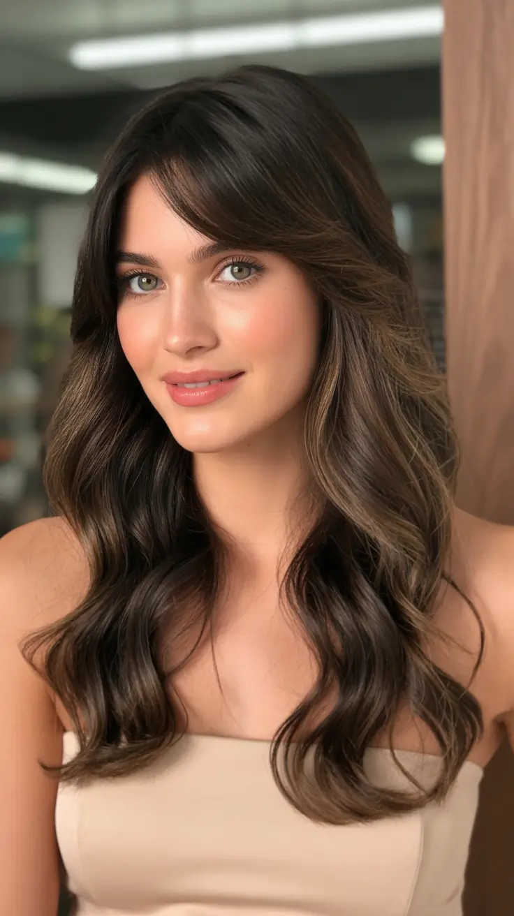 Winter hair colors 2025 2026 for brown hair Chestnut Brown with Face-Framing Waves